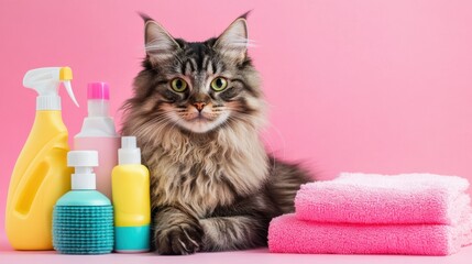 Photorealistic image of a fluffy cat with cleaning supplies on a pastel