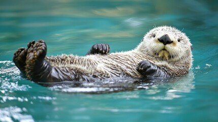 Sea Otter Floating on Back in Ocean Waters