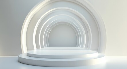 Naklejka premium Modern minimalist stage design featuring circular backdrop in soft lighting