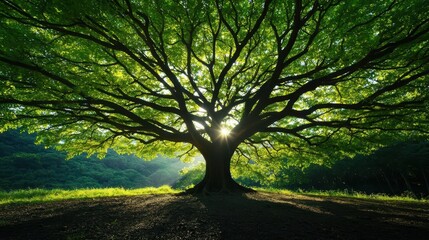 Obraz premium Majestic tree with sprawling branches, natural canopy overhead, dappled sunlight on the forest floor