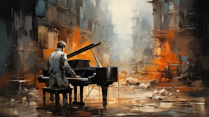 A man playing a piano in a city street