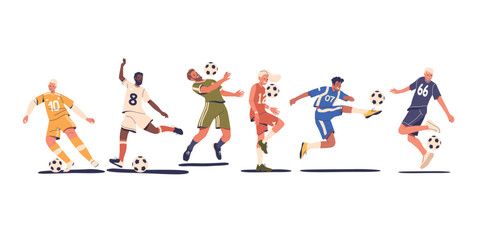 Football Players Characters Exhibiting Dynamic Poses And Kicking Soccer Balls Epitomizing Teamwork And Athleticism