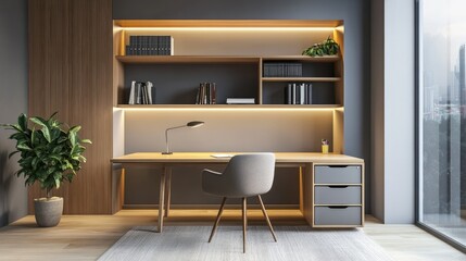 Stylish study area with a sleek wooden desk, modern chair, and a well-organized shelf, offering a productive and inspiring atmosphere.