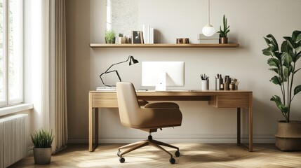 Stylish study area with a sleek wooden desk, modern chair, and a well-organized shelf, offering a productive and inspiring atmosphere.