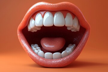 Naklejka premium A vibrant cartoon mouth with large teeth and googly eyes set against an orange background, ideal for Halloween-themed designs, party invitations, and playful decorations. With copy space.