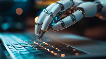 A robotic hand types on a keyboard, demonstrating the power of artificial intelligence in the digital age.