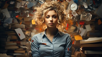 Fototapeta premium A woman with a messy room with books and papers scattered around her