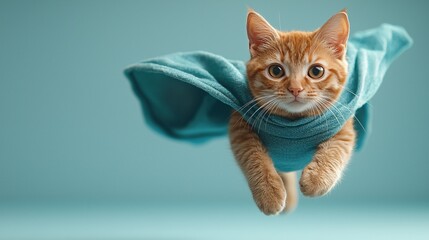A playful Halloween-themed image featuring a superhero cat in a cape, perfect for kids' party invitations, decorations, and festive promotions with copy space.