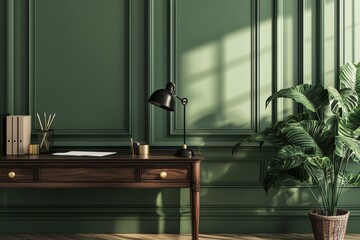 Home decor with wooden desk, rattan armchair, plant in flowerpots, books and cups, beige and green walls with stucco and personal items. Template for workplace decor.