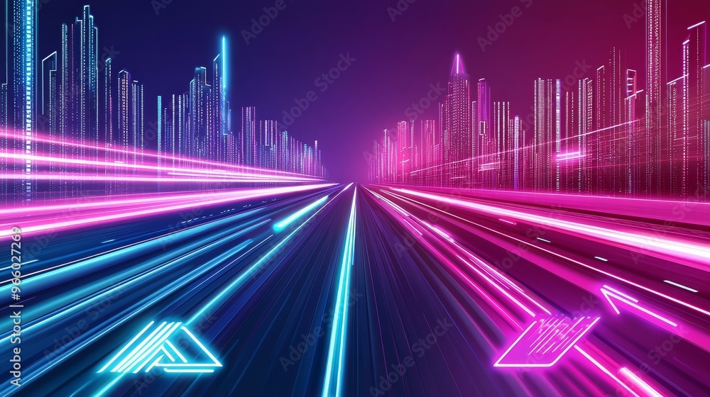 Poster background of neon light splash particles, moving high speed waves in empty space, spotlight, cold n