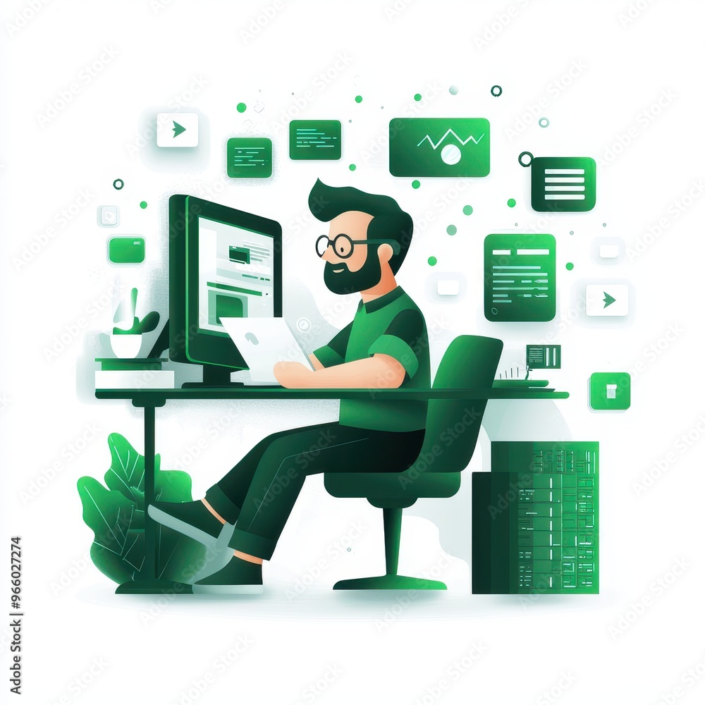 Poster a creative individual working at a modern desk, surrounded by digital elements, showcasing a blend o