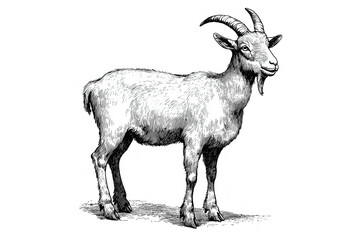 Fototapeta premium Goat. Vintage retro print, black white goat sketch ink pencil style drawing, engrave old school. Sketch artwork silhouette goat, white background. Side view profile. Illustration