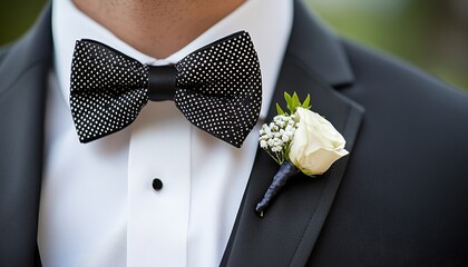 A close-up of a formal outfit featuring a polka-dotted bow tie and a white rose boutonniere.
