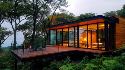 Fototapeta premium Solar-powered eco-lodge nestled in the trees, glass walls, surrounded by nature, minimalist design
