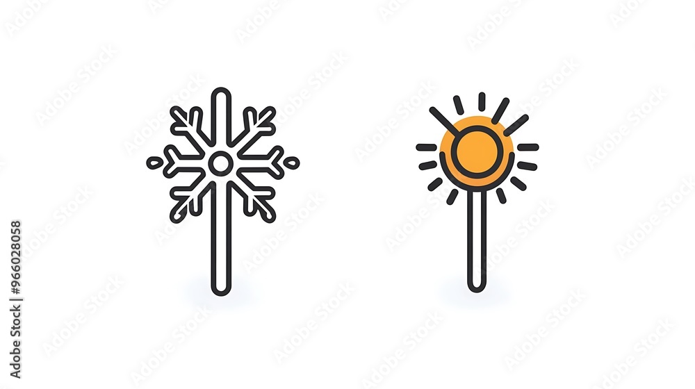 Poster minimalist thermometer icons - snowflake and sun vector symbols on white background in modern line a