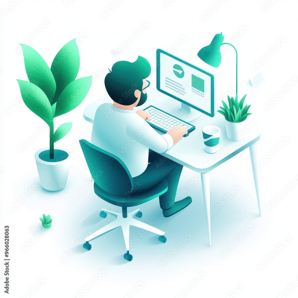 Poster A modern workspace featuring a person using a laptop, surrounded by greenery and a stylish desk setup, ideal for productivity.