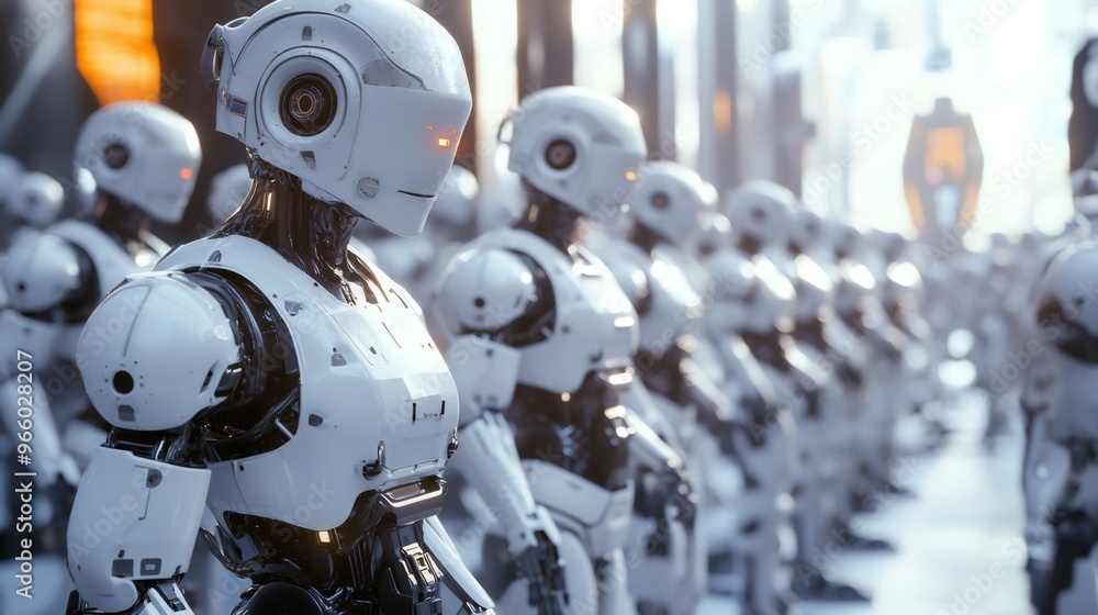 Poster a row of futuristic robots stand in a line, ready to serve.