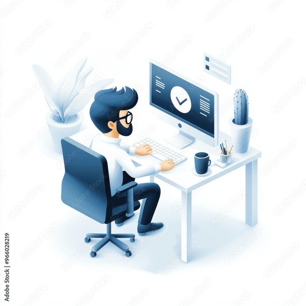 Poster a modern workspace scene featuring a person working on a computer with plants and office supplies ar