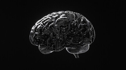 A Complex Convergence: Human Brain Interwoven with Digital Circuits on a Black Canvas Showcasing Cognitive Depth