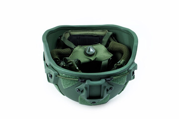 Green details military helmet a white background