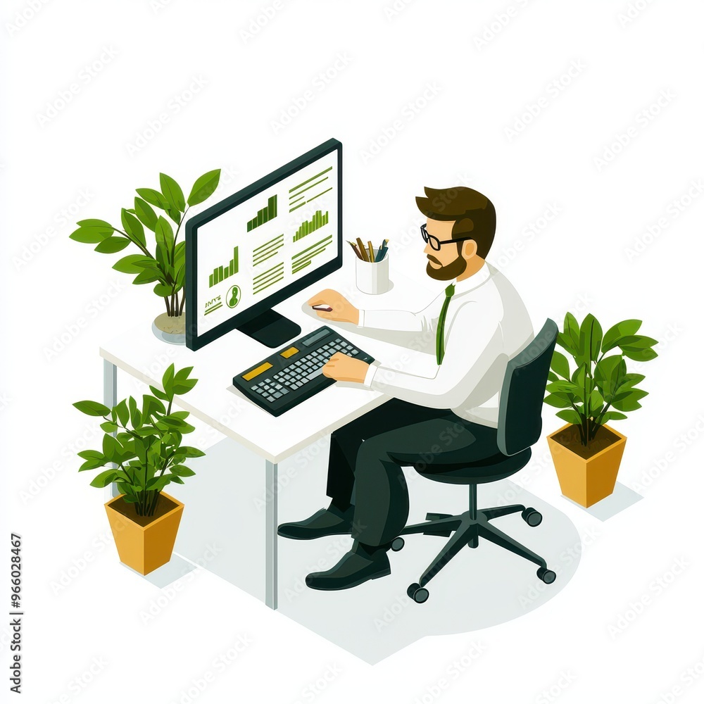 Poster A professional man working at a desk with plants, analyzing data on computer screen. Ideal for business and office themes.