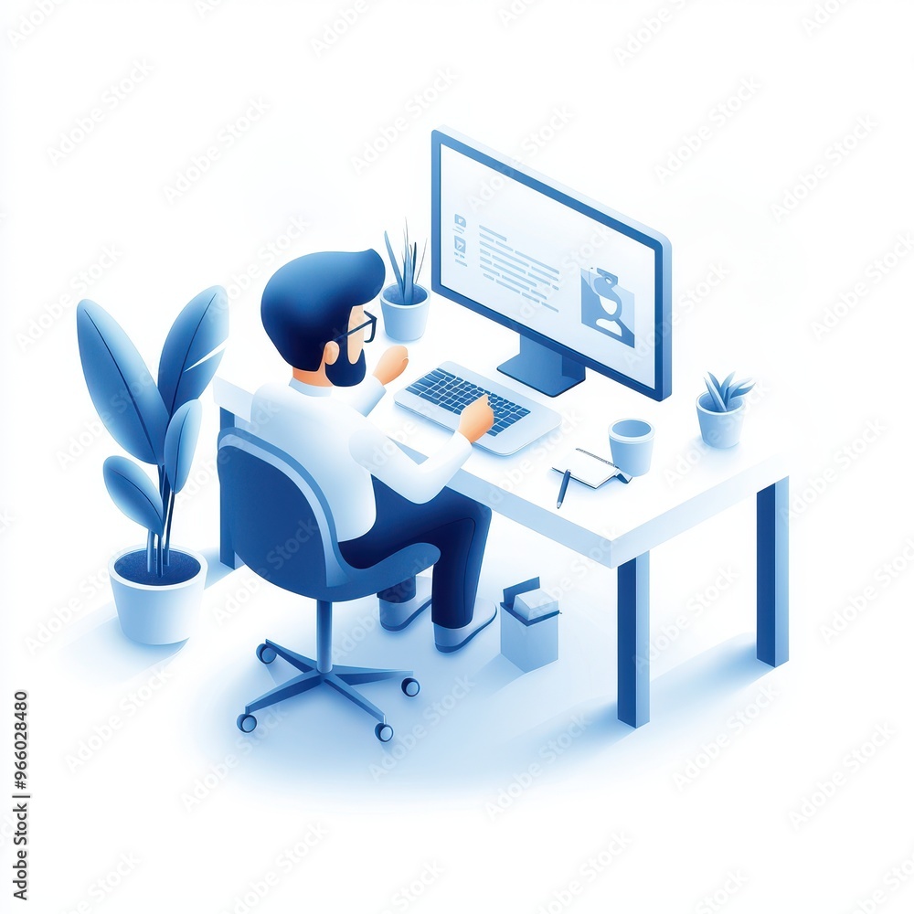 Poster a professional working at a modern desk, focused on a computer screen surrounded by plants, showcasi