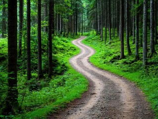 Fototapeta premium Path through a peaceful forest, dense trees forming a natural canopy, eco-friendly retreat