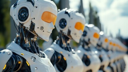 Fototapeta premium A row of futuristic robots with white and orange exteriors.
