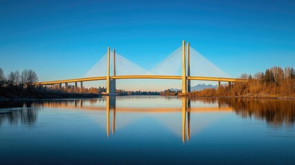 The Golden Ears Bridge spanning the Fraser River, connecting Maple Ridge to Langley, bathed in golden light against a clear blue sky.