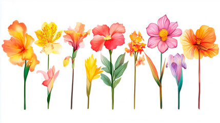 Illustration of various tropical flowers in watercolor with colorful details