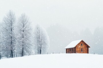 A Small Cabin Amidst a Snow-Covered Landscape