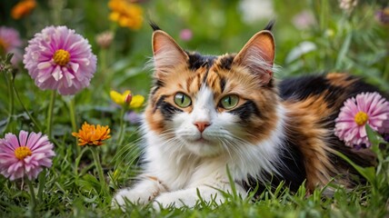 Calico Cat in a Garden.