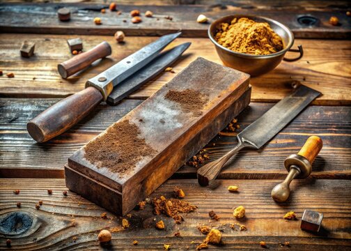 A rusty old esmeril, also known as a sharpening stone, lies on a worn wooden workbench amidst scattered tools and metal shavings.