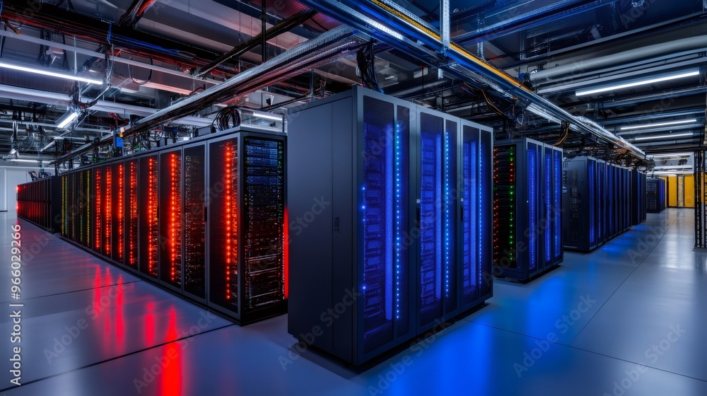 Poster a row of servers in a data center with red and blue lights.