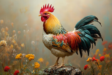 Fototapeta premium A vibrant rooster stands proudly among colorful flowers in a serene setting.