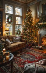Fototapeta premium Cozy Christmas living room with decorated tree, fireplace, wreaths, and holiday ambiance.