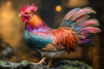 Fototapeta premium A vibrant, colorful rooster stands proudly, showcasing its intricate feather patterns.