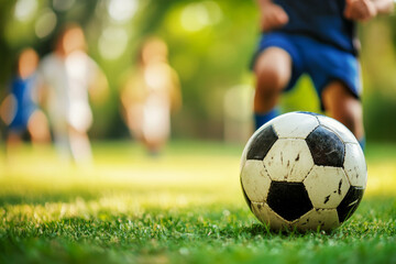 Fototapeta premium Boys playing soccer outdoors, running towards soccer ball on grassy field. Football training for children. Concept of sports and teamwork.