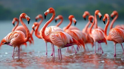 Majestic Flock of Flamingos Wading in a Tranquil Lake