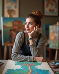Fototapeta premium A smiling artist leans over her desk, surrounded by colorful artwork and tools, radiating creativity in a cozy, well-lit studio.