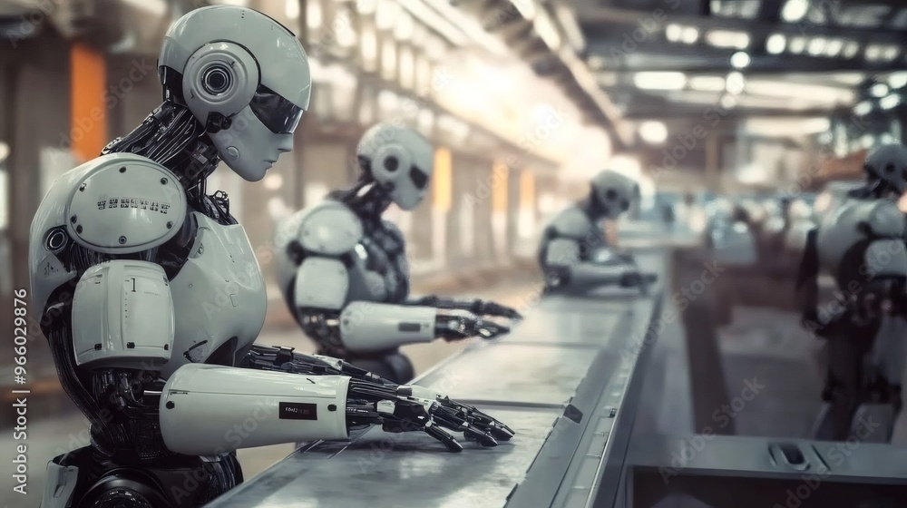 Poster a row of white robots with sleek metallic bodies and black wiring stand at a counter in a futuristic
