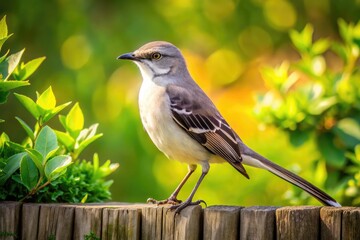 Fototapeta premium A serene gray and white mockingbird perches on a rustic wooden fence, gazing upward with bright inquisitive eyes amidst lush green foliage and sunny afternoon light.