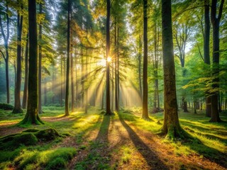 Fototapeta premium A Serene Image Of A Tranquil Forest, With Sunlight Streaming Through Towering Trees And Casting Dappled Shadows On The Forest Floor.