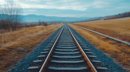 Metal railway tracks stretching into the distance, surrounded by a rural landscape.