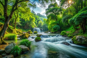 Fototapeta premium A Serene Landscape With Flowing Water, Lush Greenery, And A Tranquil Atmosphere Captures The Graceful Beauty Of Nature.