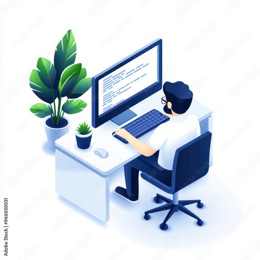 Aufkleber Professional workspace featuring a coder at a desk, surrounded by plants, focused on programming tasks on a computer screen.