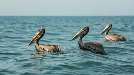 Majestic Pelicans Engaged in Fishing Activity on the Calm Sea Waters