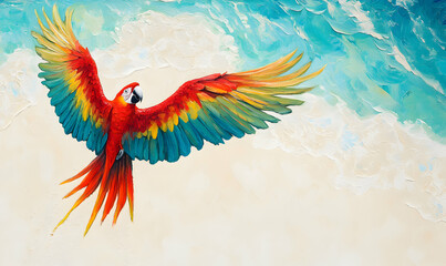 Obraz premium A colorful macaw parrot flies over a bright blue and white ocean.