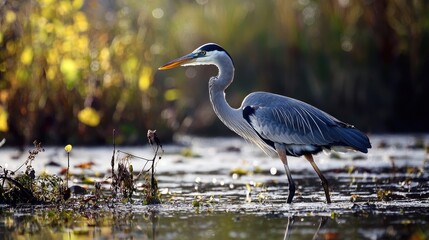 Naklejka premium A Heron's Grace: A graceful grey heron stalks through shallow water, its long legs and sharp beak poised for a hunt. The sun bathes the scene in a warm glow.
