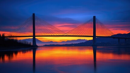 Obraz premium Vancouver's Golden Ears Bridge at sunset, its cable-suspended span creating a striking silhouette over the Fraser River.